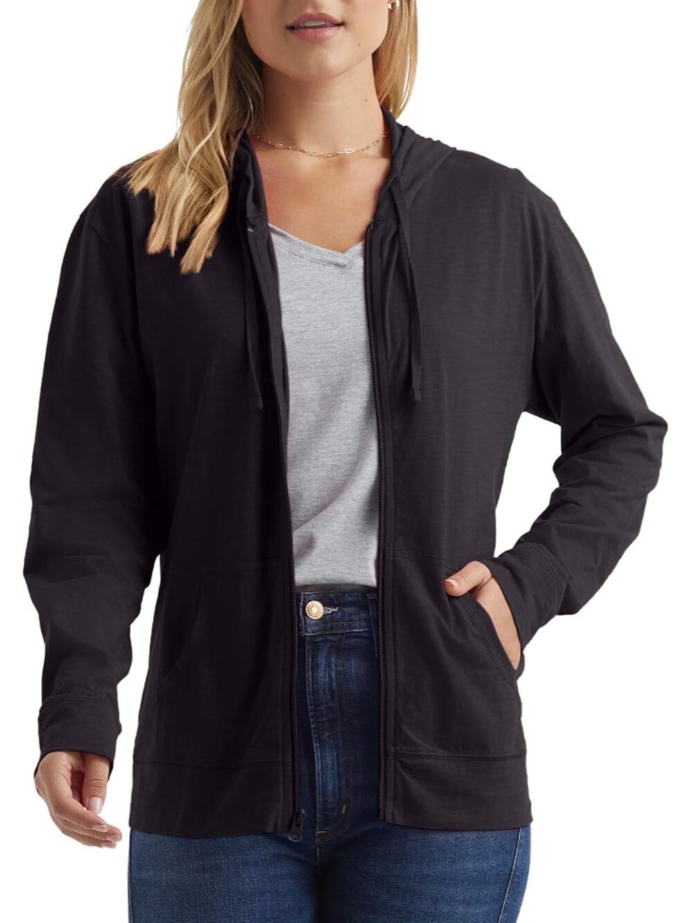 Women's Lightweight Full Zip Hoodie, Textured Cotton Zip Up, T-Shirt Hoodie
